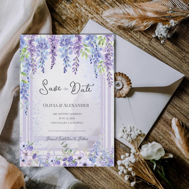 Romantischer Lavendel Wisteria Save the Date Ankündigung (Romantic Lavender Wisteria Save the Date Card | Purple Floral Garden Wedding Announcement)