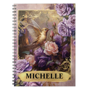 Romantischer lila Kolibri und Rosen Fantasy Notizblock