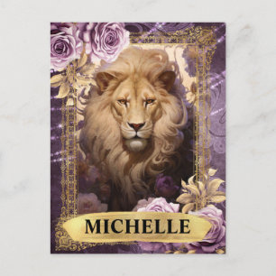 Romantischer lila Löwe und Rosen Fantasy Postkarte