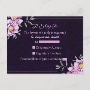 Romantischer Lila Peony Wedding RSVP Postkarte