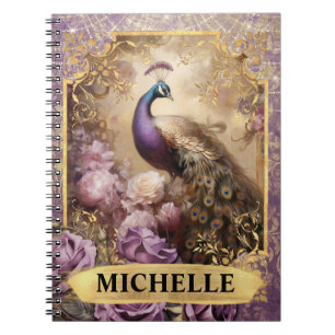 Romantischer lila Pfau und Rosen Fantasy Notizblock
