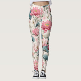 Romantischer Lotus in Rosa, Creme und Weich Grün Leggings