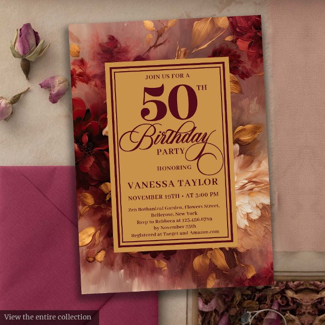 Romantischer Marsala Rose Gold Blüte 50. Geburtsta Einladung (Romantic marsala blush gold floral 50th birthday card

)