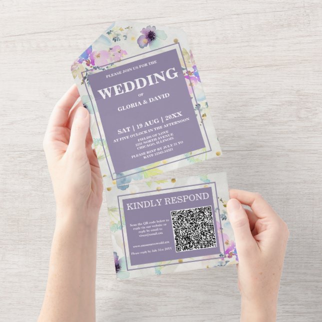 Romantischer Mauve Floral QR-Code All In One Einladung (Abreißtisch)