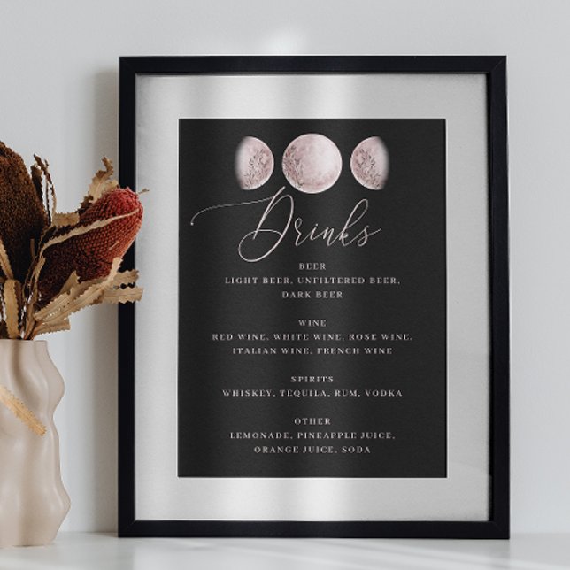 Romantischer Mond | Black Wedding Bar Drinks Menu  Poster (Von Creator hochgeladen)