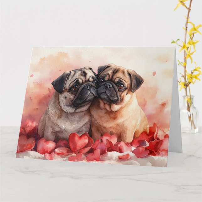 Romantischer Mops Couple Watercolor Herzliche Lieb Karte (Gelbe Blume)