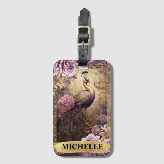 Romantischer Pfau und Lila Rose Fantasie Gepäckanhänger (Vorderseite Vertikal)