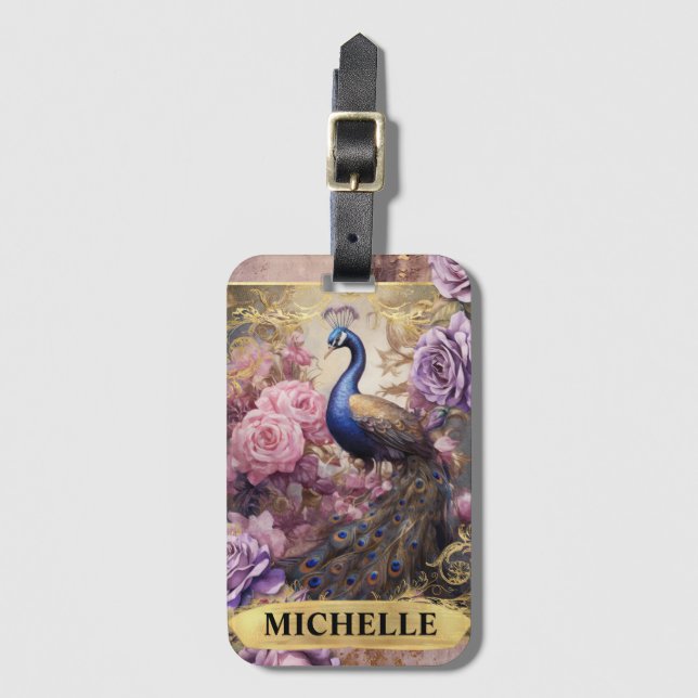 Romantischer Pfau und Lila Rose Fantasie Gepäckanhänger (Vorderseite Vertikal)