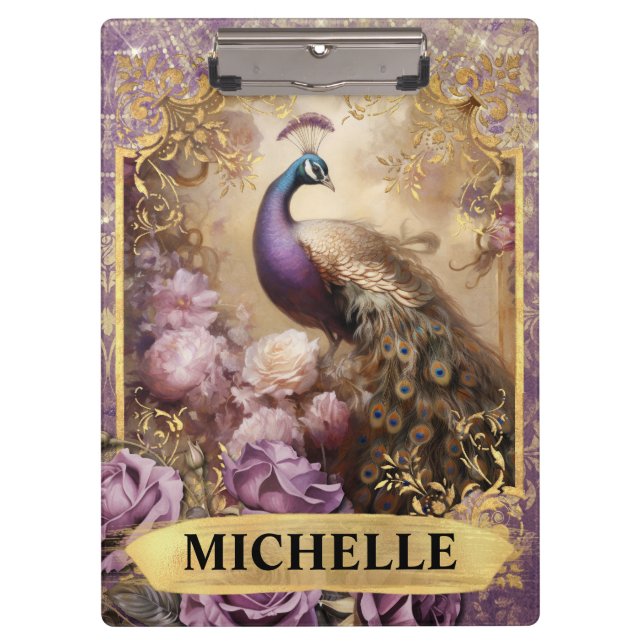 Romantischer Pfau und Lila Rose Fantasie Klemmbrett (Vorderseite)