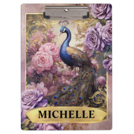 Romantischer Pfau und Lila Rose Fantasie Klemmbrett