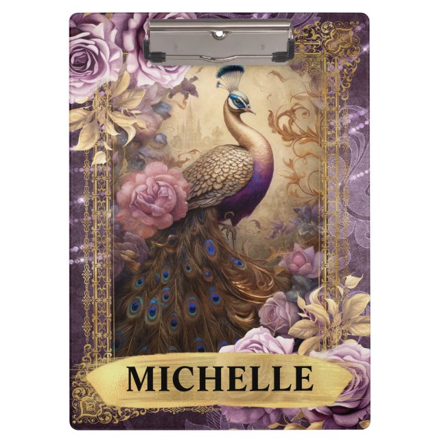 Romantischer Pfau und Lila Rose Fantasie Klemmbrett (Vorderseite)