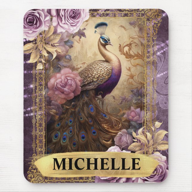 Romantischer Pfau und Lila Rose Fantasie Mousepad (Vorne)