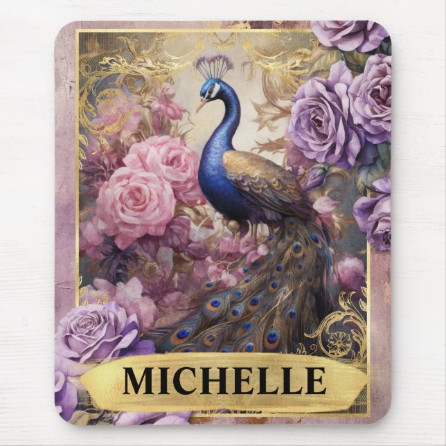 Romantischer Pfau und Lila Rose Fantasie Mousepad (Vorne)