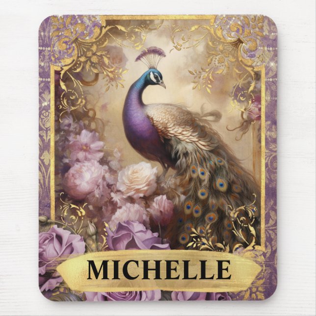 Romantischer Pfau und Lila Rose Fantasie Mousepad (Vorne)