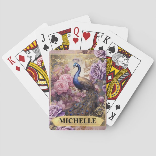 Romantischer Pfau und Lila Rose Fantasie Spielkarten (Rückseite)