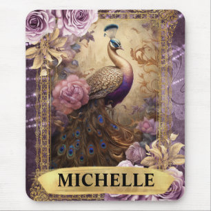 Romantischer Pfau und lila Rosen Fantasy Mousepad