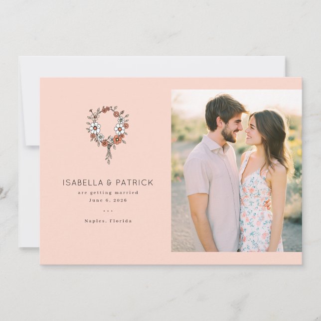 Romantischer Pfirsich-Blumenkranz Save The Date (Vorderseite)