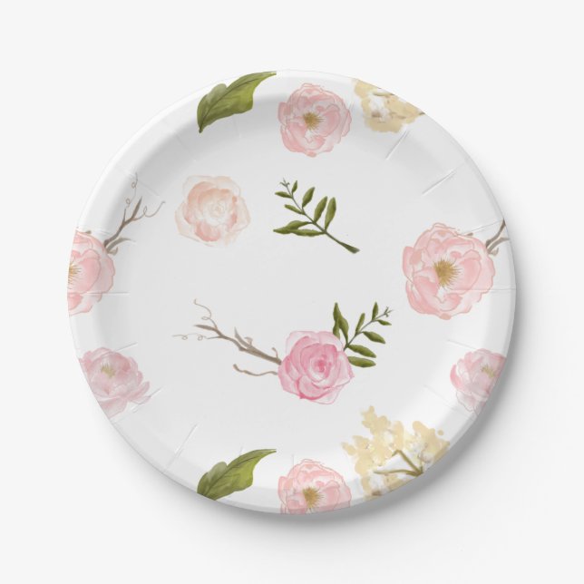 Romantischer Pink Wasserfarben Garten Blumen Pappteller (Vorderseite)
