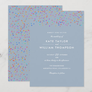 Romantischer Regenbogen Confetti Dusty Blue Weddin Einladung
