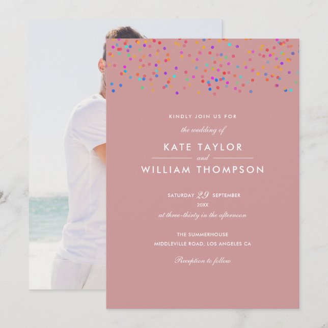 Romantischer Regenbogen Confetti Dusty Rose Foto H Einladung (Vorne/Hinten)