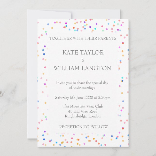 Romantischer Regenbogen Confetti Hochzeit Einladun Einladung (Vorderseite)