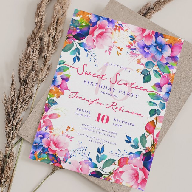 Romantischer Regenbogengarten Blumenkraut 16 Party Einladung (Romantic Rainbow Garden Floral Sweet 16 Party Invitation)