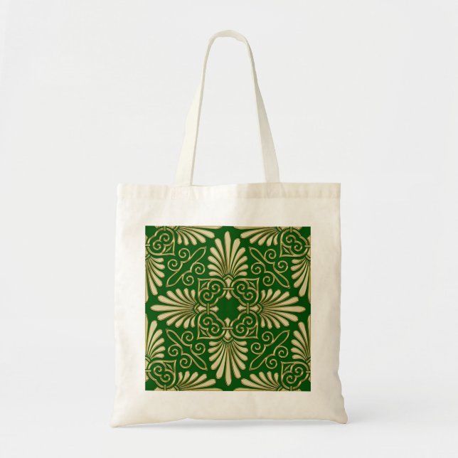 Romantischer Retro Art Deco Damask Green Gold 01 Tragetasche (Vorne)