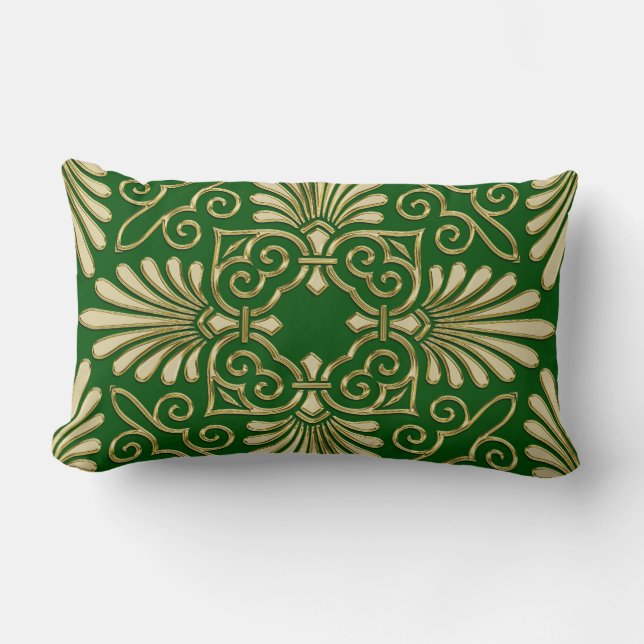 Romantischer Retro Kunst-Deko-Damast-grünes Gold Lendenkissen (Vorderseite)
