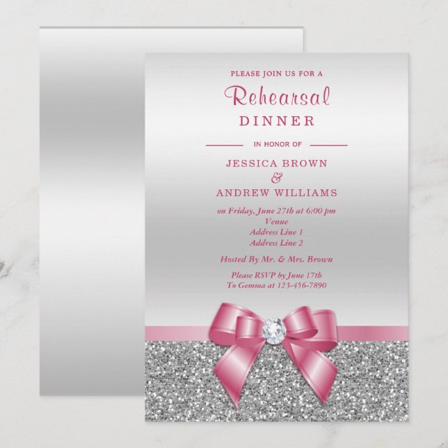 Romantischer rosa Bogen, silbernes Einladung (Vorne/Hinten)