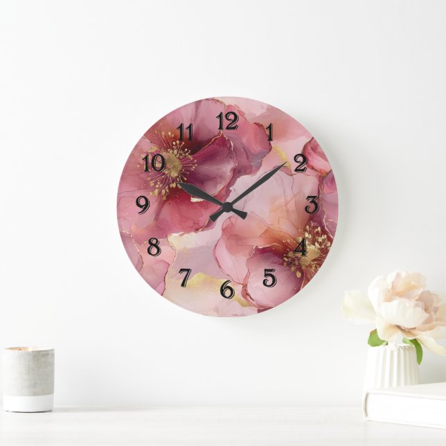 Romantischer Rosa Burgund Gold Floral Große Wanduhr (Zuhause)