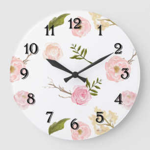 Romantischer rosa Garten Aquarell Blumen Große Wanduhr