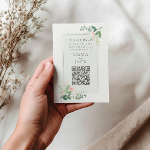 Romantischer rosa grüner Blumenzwiebelcode RSVP QR Begleitkarte