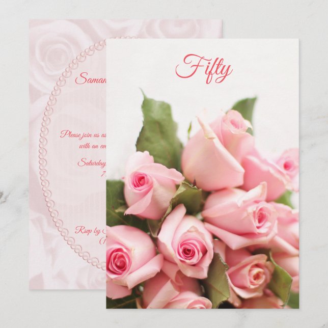 Romantischer rosa Rosen-Blumenstrauß-50. Einladung (Vorne/Hinten)