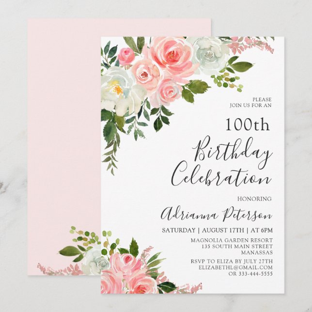 Romantischer Rosa Rosenblume 100. Geburtstag Einladung (Vorne/Hinten)