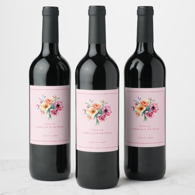 Romantischer rosa Wasserfarben-Blumenstrauß Weinetikett (Flaschen)