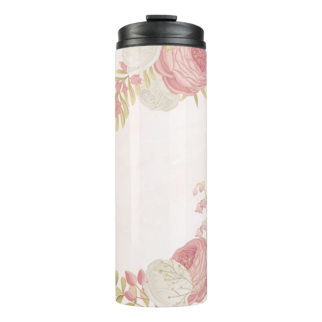 Romantischer Rosa weiß und goldblütig Thermosbecher (Vorderseite)