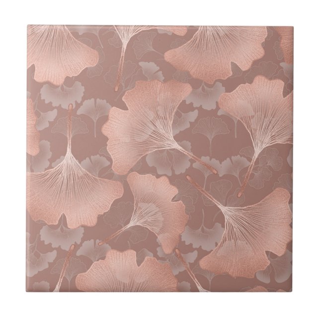 Romantischer Rosé Ginkgo-Blätter Gold Botanik Fliese (Vorderseite)