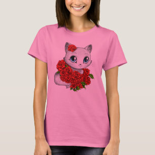 Romantischer Rosen-Katzen-Rosa-Krawatten-T - Shirt