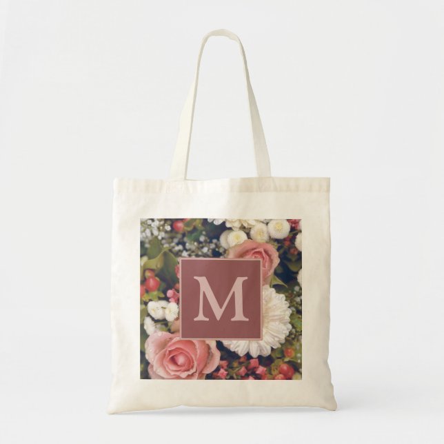 Romantischer Rosenblumenstrauß mit Monogramm Tragetasche (Vorne)