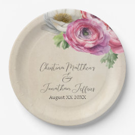 Romantischer Rustikaler Rosa & Weißer Ranunculus Pappteller