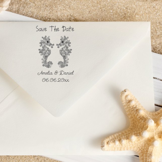 Romantischer Save-the-Date-Seepferdchen-Selbstfärb Permastempel (Beach wedding Save the Date
inspiration.)