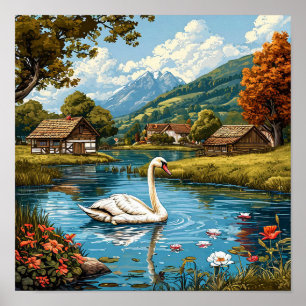 Romantischer Schwan Natur Elegantes Landschafts-Ha Poster