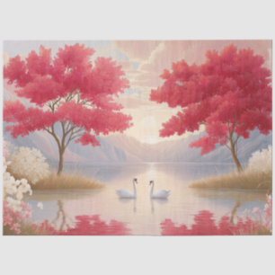 Romantischer Schwanensee Rosa Blütenbäume Decoupag Seidenpapier