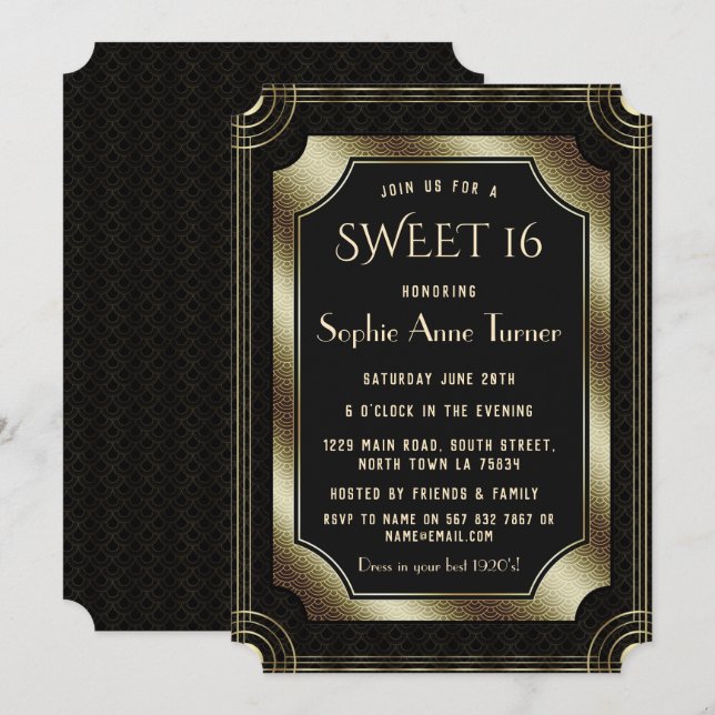 Romantischer Schwarzer Great Gatsby Art Deco 20s S Einladung (Vorne/Hinten)