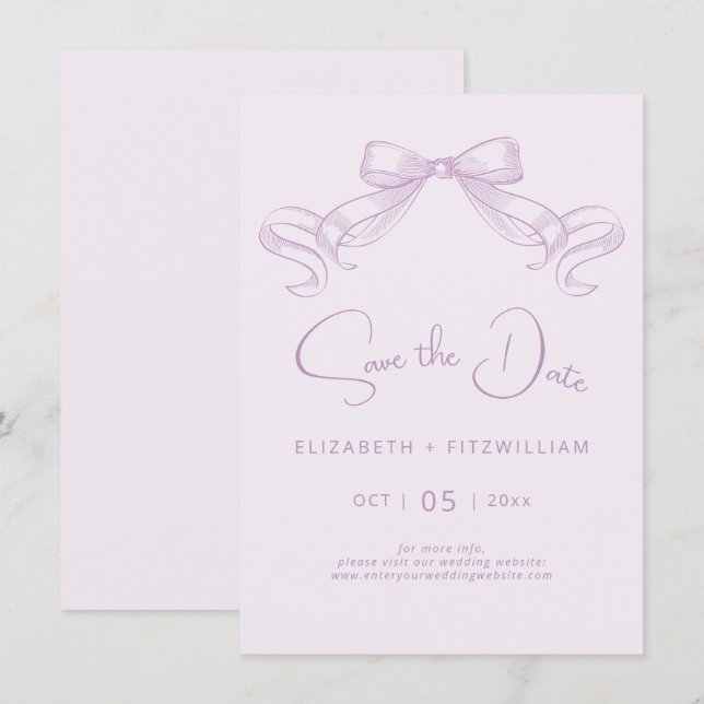 Romantischer Sketched Bow | Lilac Background Save The Date (Vorne/Hinten)