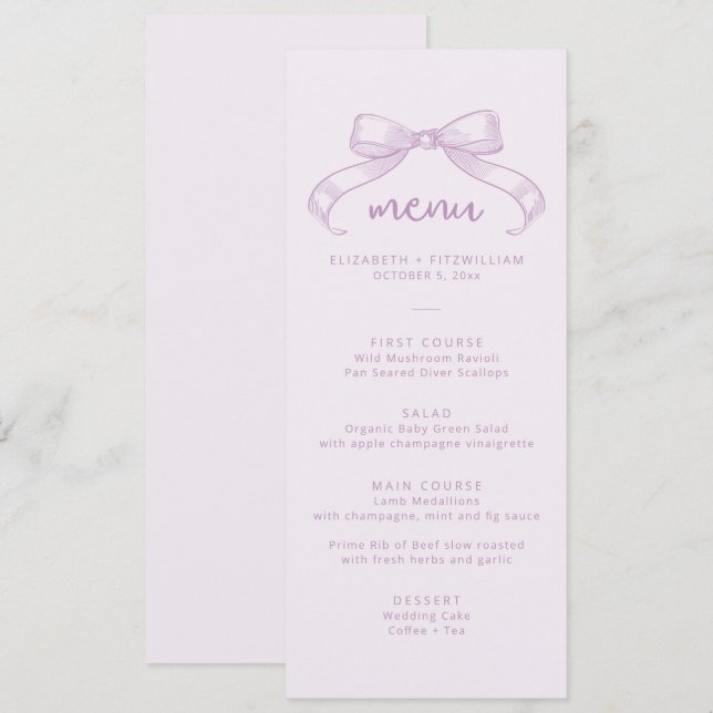 Romantischer Sketched Bow | Lilac Background Weddi Menükarte (Vorne/Hinten)