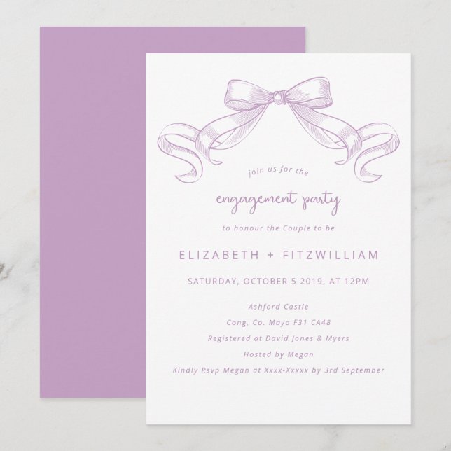 Romantischer Sketched Bow | Lilac Engagement Party Einladung (Vorne/Hinten)