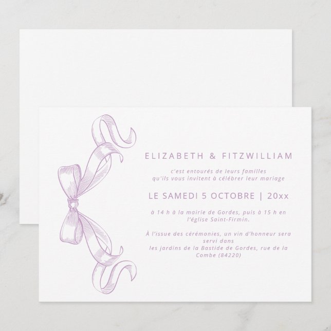 Romantischer Sketched Bow | Lilac Mariage de Einladung (Vorne/Hinten)