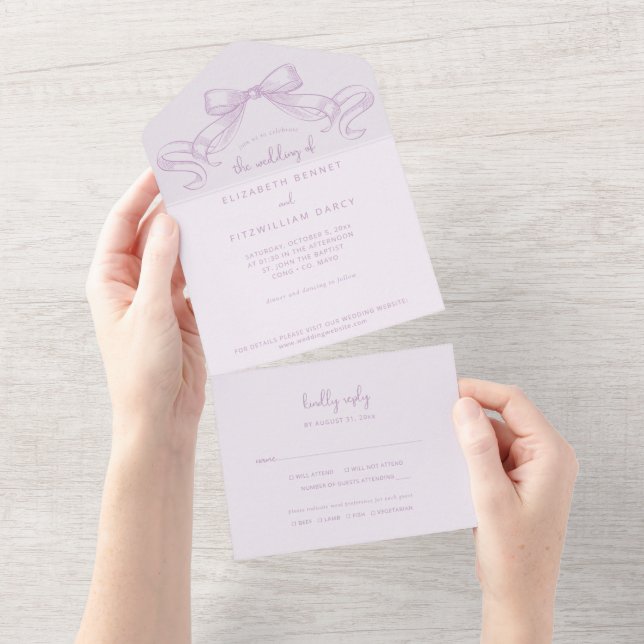 Romantischer Sketched Bow | Lilac Wedding of All In One Einladung (Abreißen)