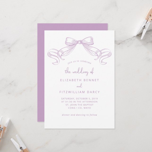 Romantischer Sketched Bow | Lilac Wedding of Einladung (Vorderseite/Rückseite Beispiel)